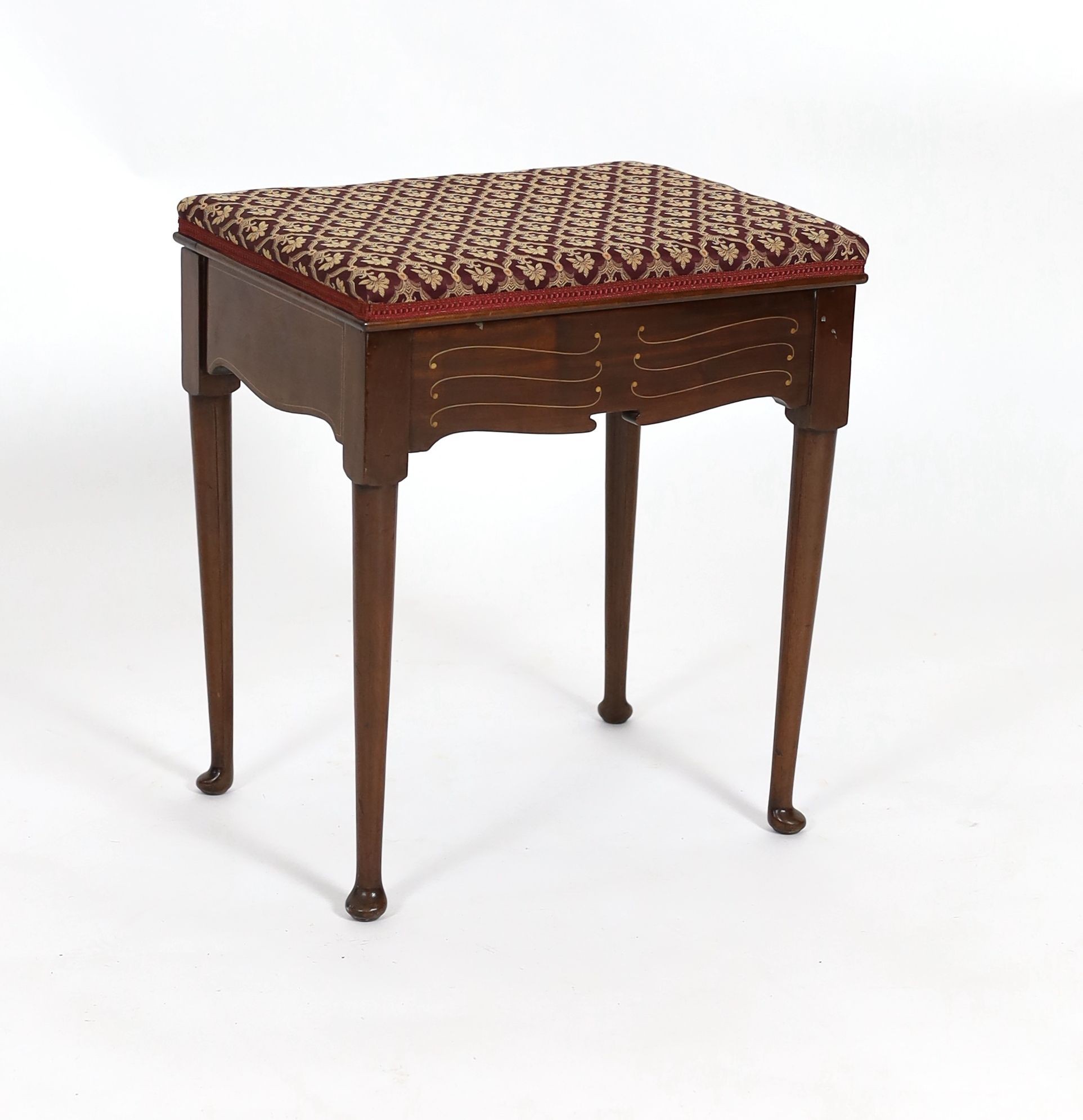 An Edwardian inlaid mahogany upholstered box stool piano stool, width 45cm depth 36cm height 53cm